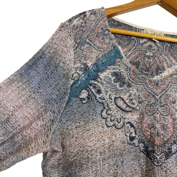 Live & Let Live Womens 1X Boho Print Knit Tunic Top Lace Detail Contrasting Hem - Picture 5 of 12